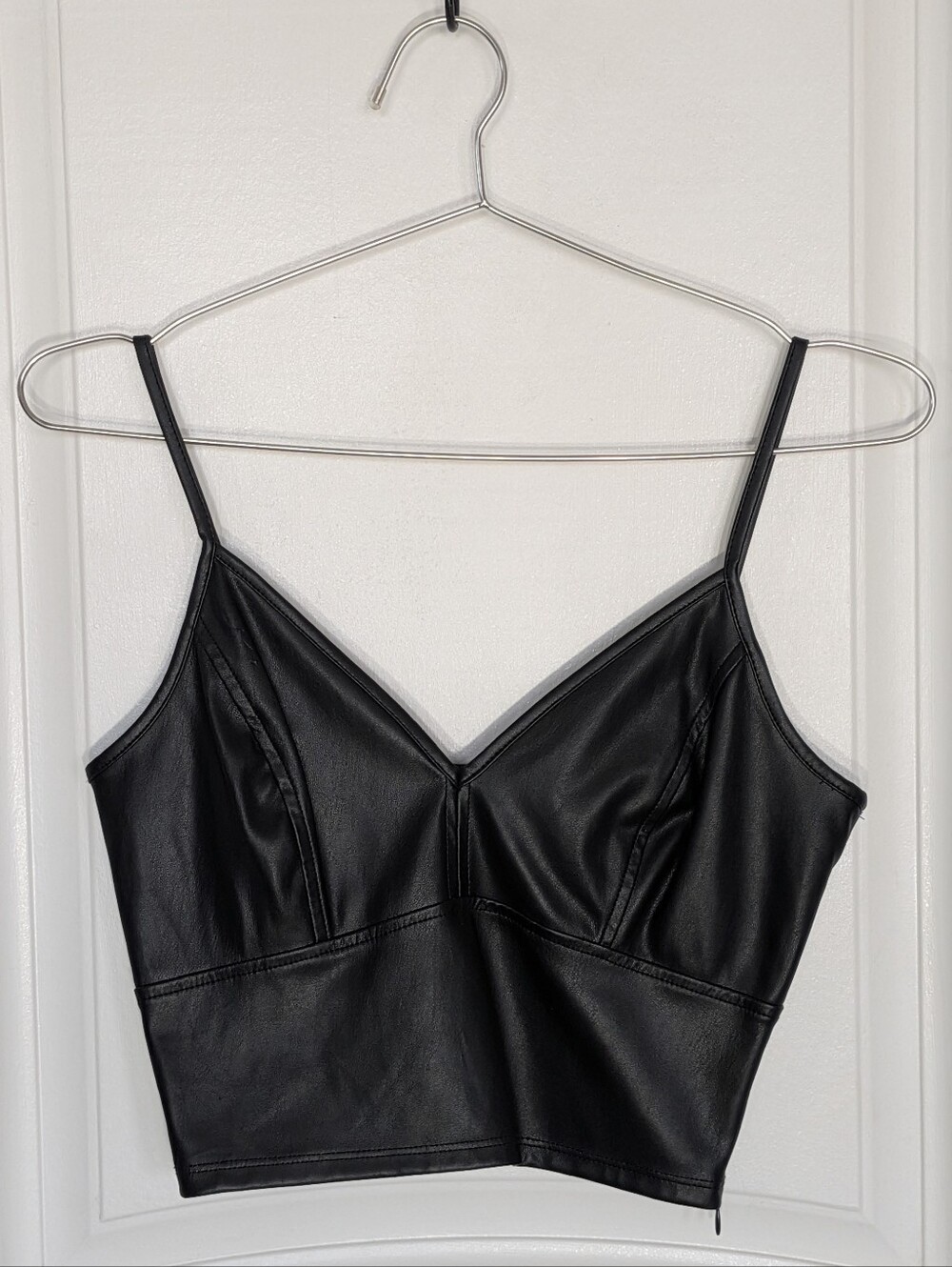"Aqua"  Black Faux Leather Strap Crop Top XS